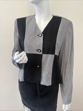 Vintage 80s D.J. Summers Black & White Houndstooth & Black Panel Cropped Jacket
